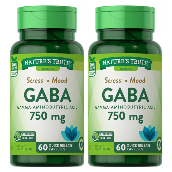 Two bottles of Natures Truth GABA Supplement for Mood + Stress, 750mg, 60 capsules each—an amino acid formula designed to support stress relief and mood.